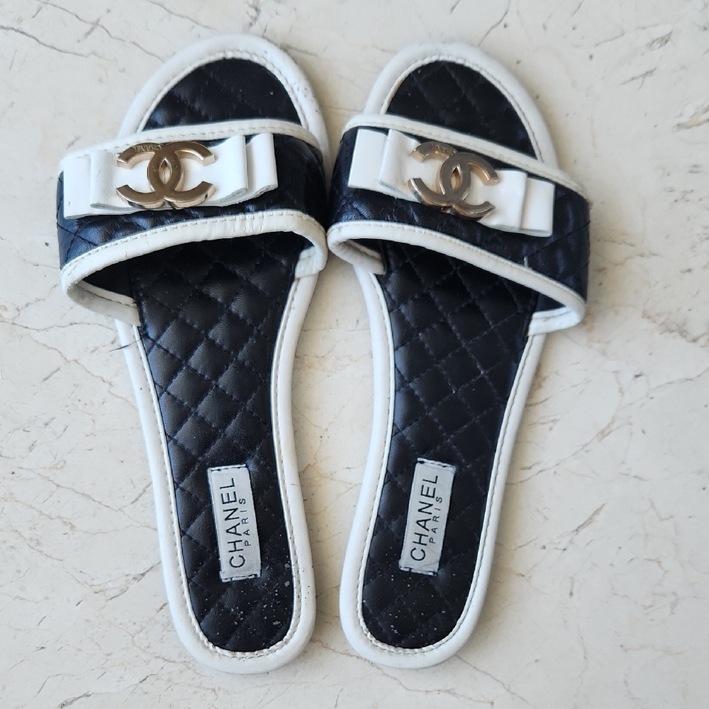 CHANEL Black and White Quilted Sandals, Size 40,  Vintage
